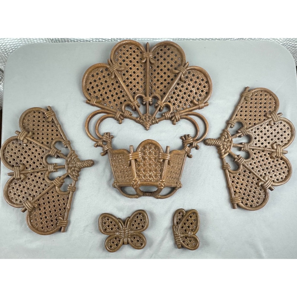 VTG Burwood Wall Decor Basket Fan Butterfly Set Mid Century USA Plastic 70's‎